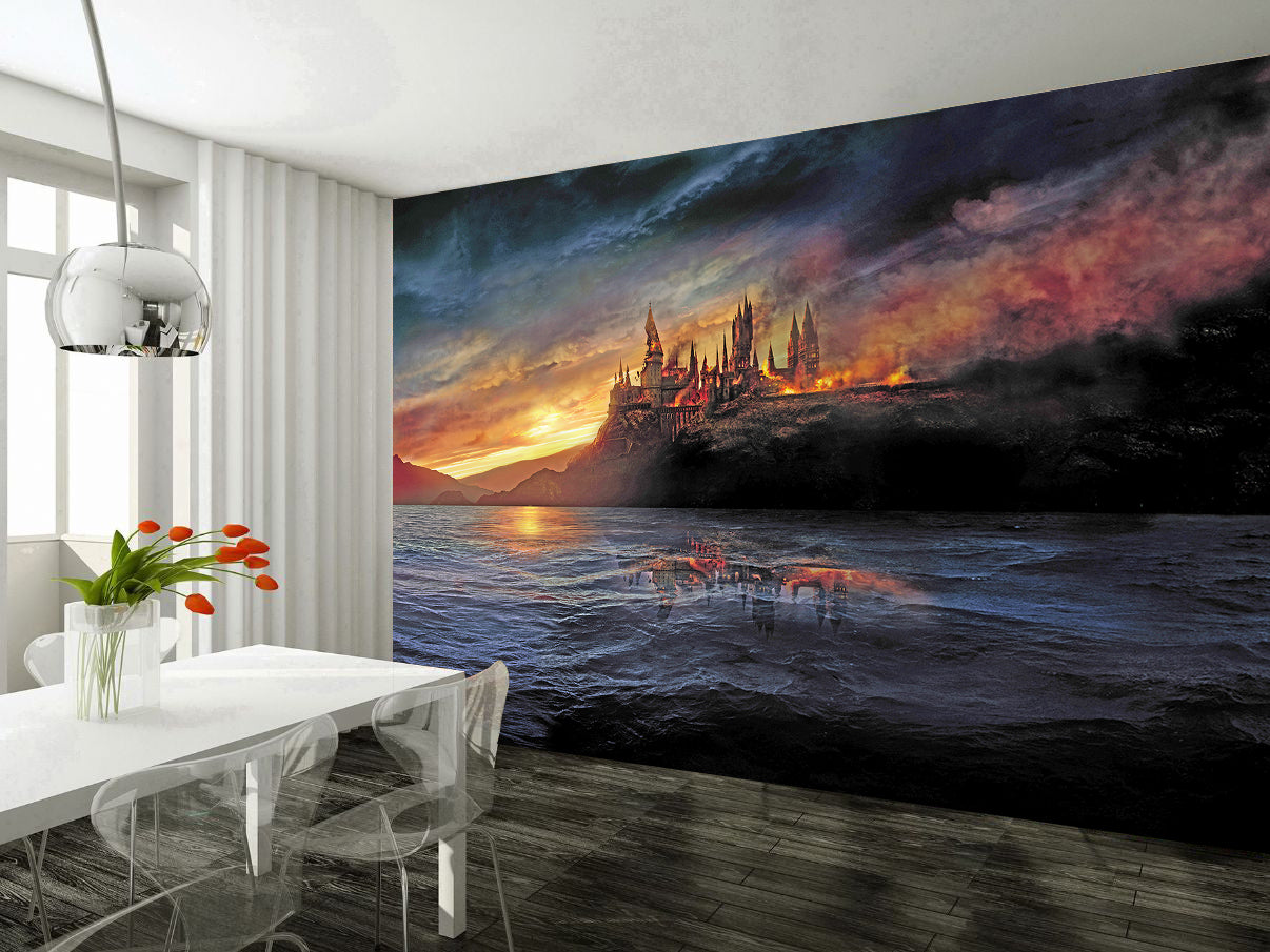 RoomMates RMK12279M Harry Potter Hogwarts Castle Mural Peel and Stick  Wallpaper, grey, taupe 
